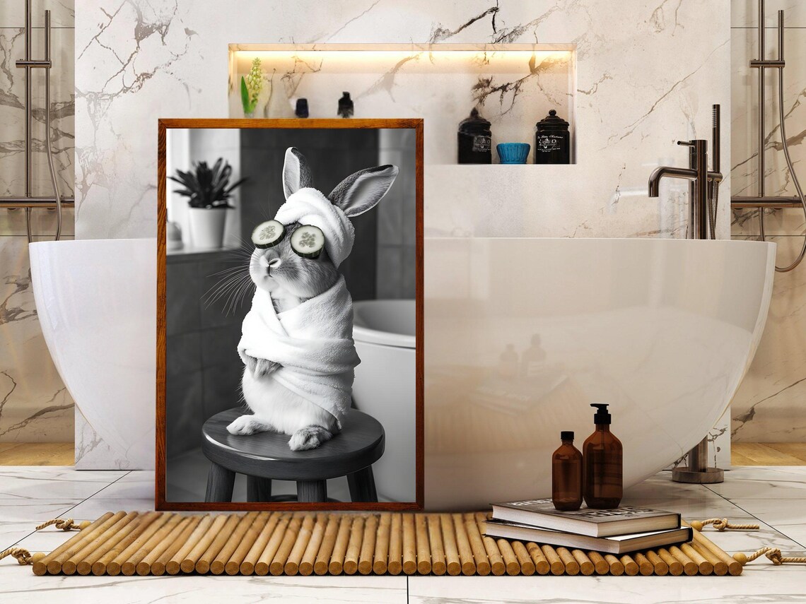 Bunny Spa Day With Cucumber Slices Black And White Animal Poster - Image 5