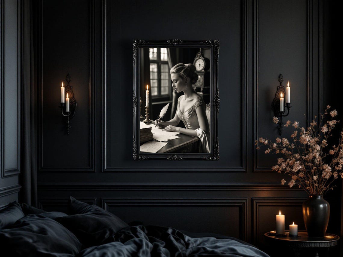 Woman Writing with Quill by Candlelight at Antique Desk Poster - Image 3