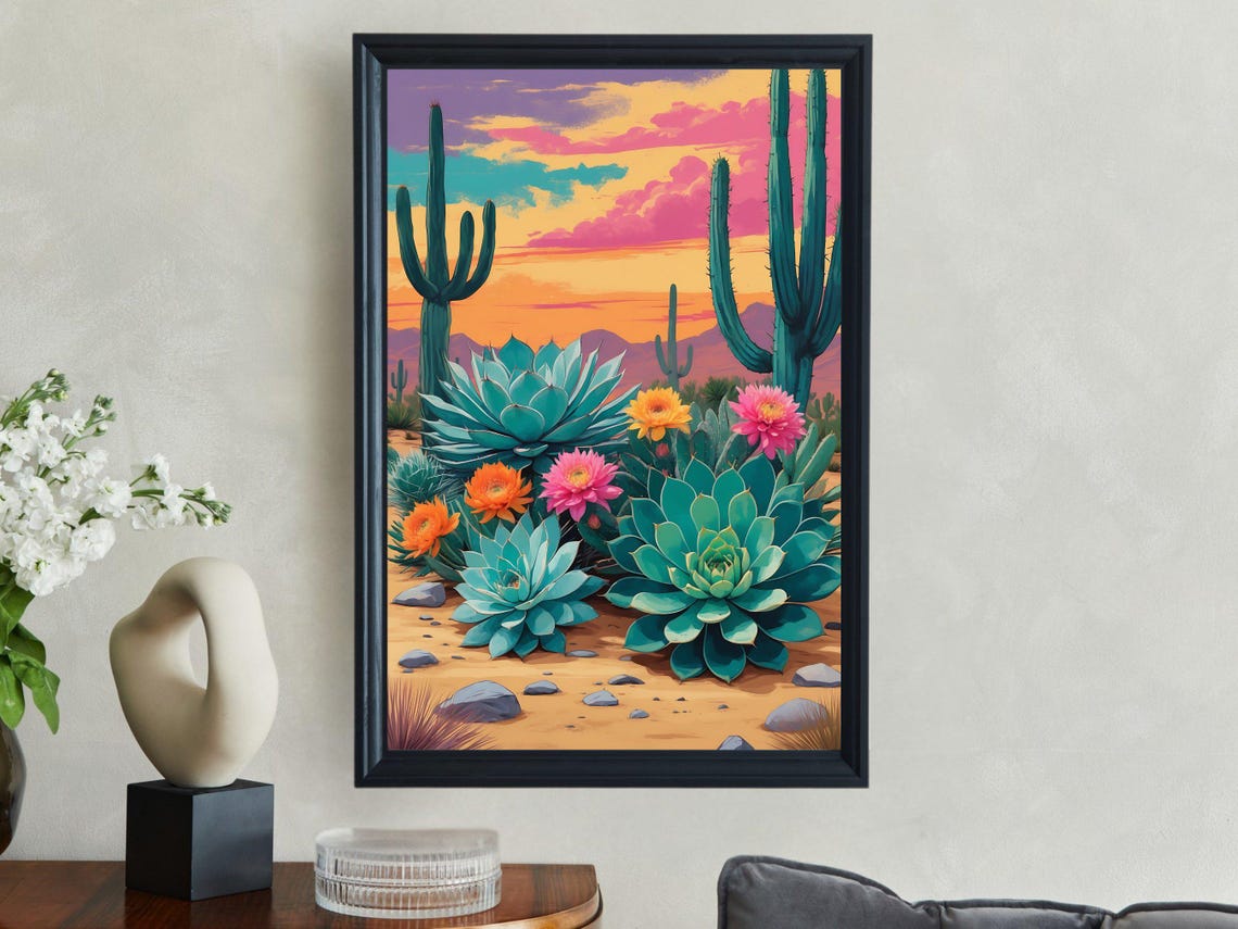 Desert Cacti And Blooming Succulents At Colorful Sunset Poster