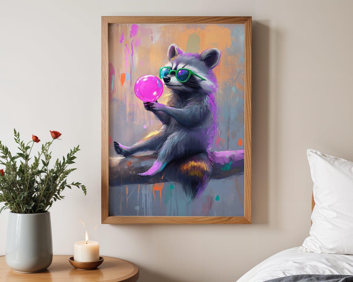 Cool Raccoon With Green Sunglasses Blowing Pink Bubble Poster