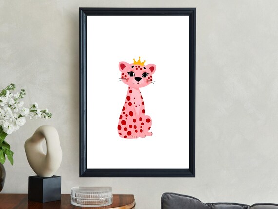 Cute Pink Cartoon Cheetah Wearing a Gold Crown Nursery Poster