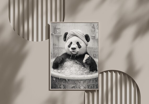 Panda In Bubble Bath Wearing Towel Head Funny Animal Art Poster