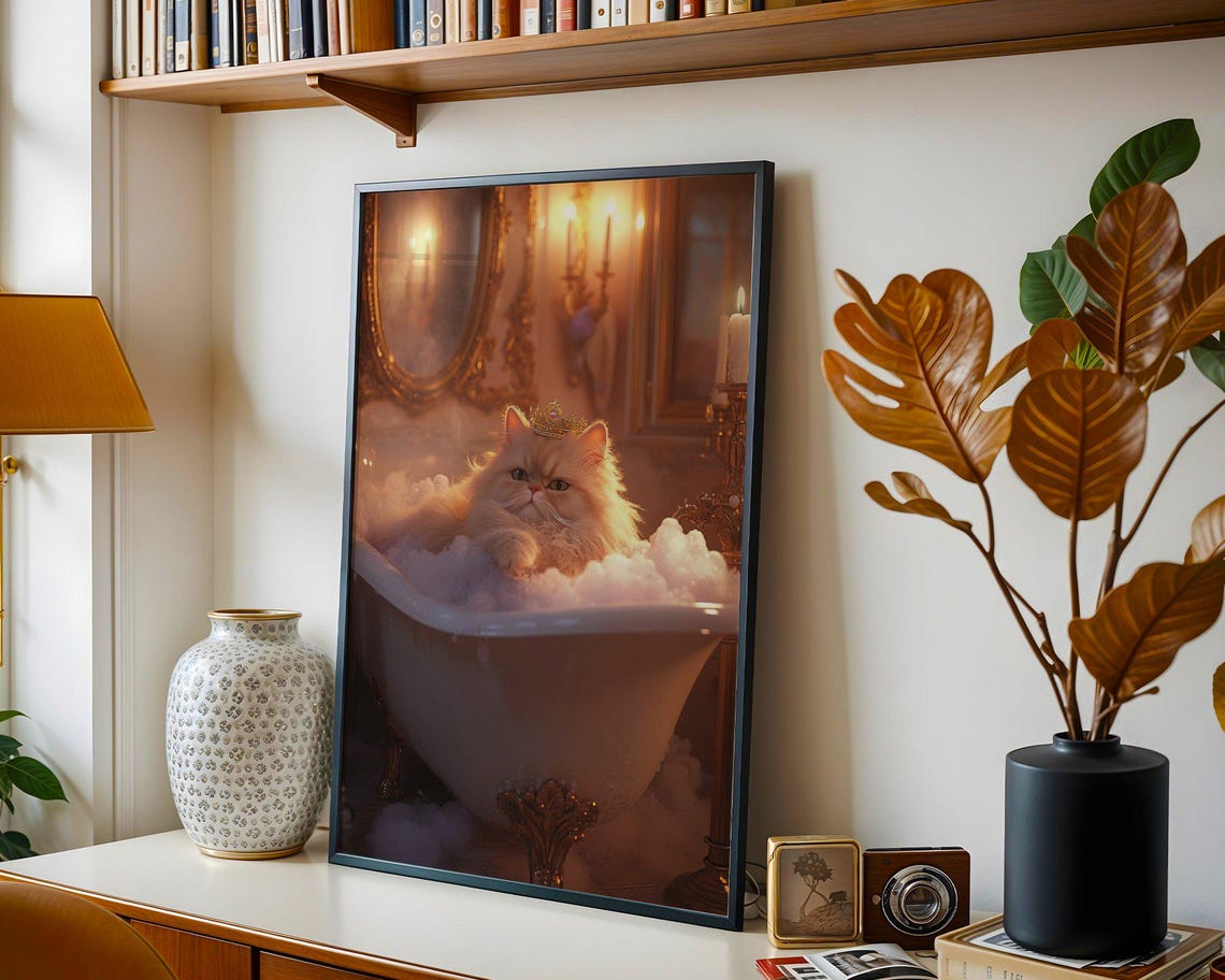 Persian Cat Wearing a Gold Crown in a Bubble Bath Royal Poster - Image 4