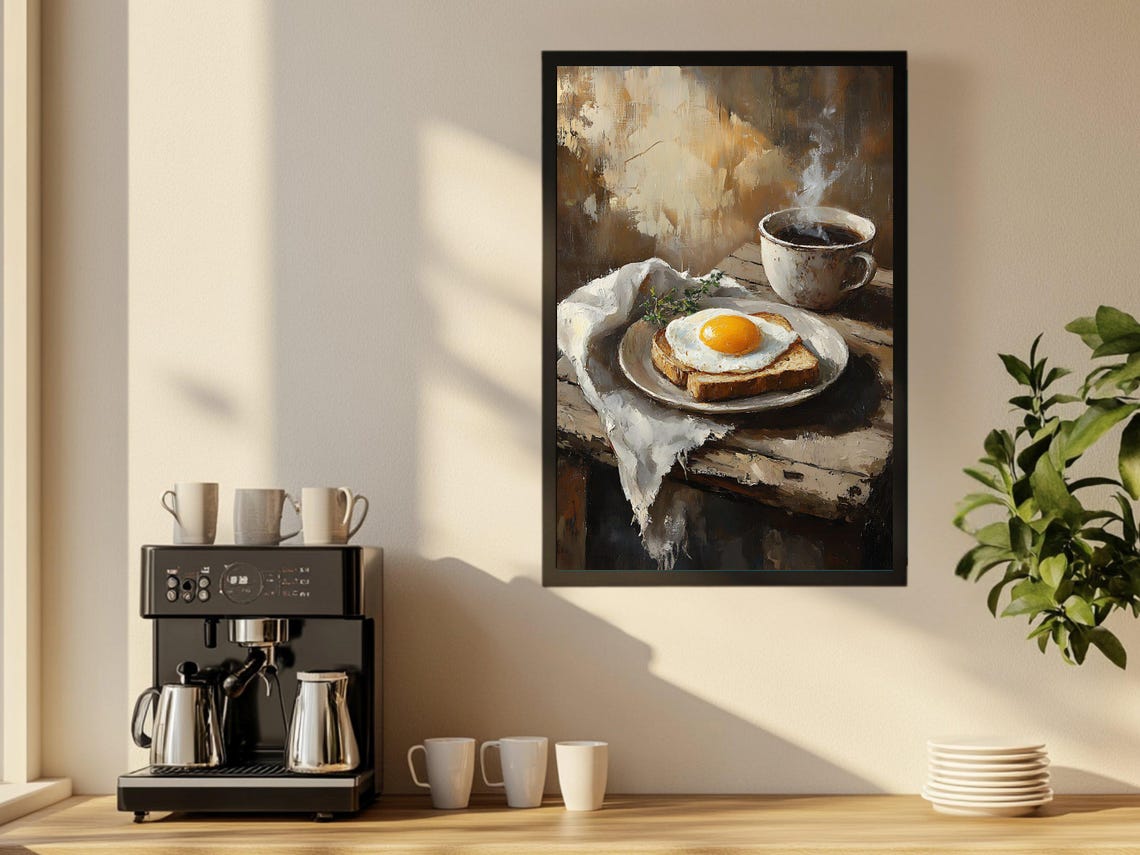 Rustic Breakfast Wall Art Fried Egg On Toast Coffee Painting Kitchen Decor Farmhouse Style Vintage Food Art Print Coffee Lover Gift - Image 2