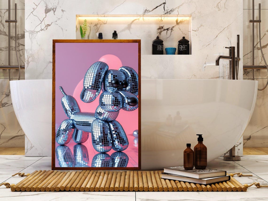 Disco Tile Balloon Dog Sculpture Art Pink Pop Art Decor Poster - Image 2
