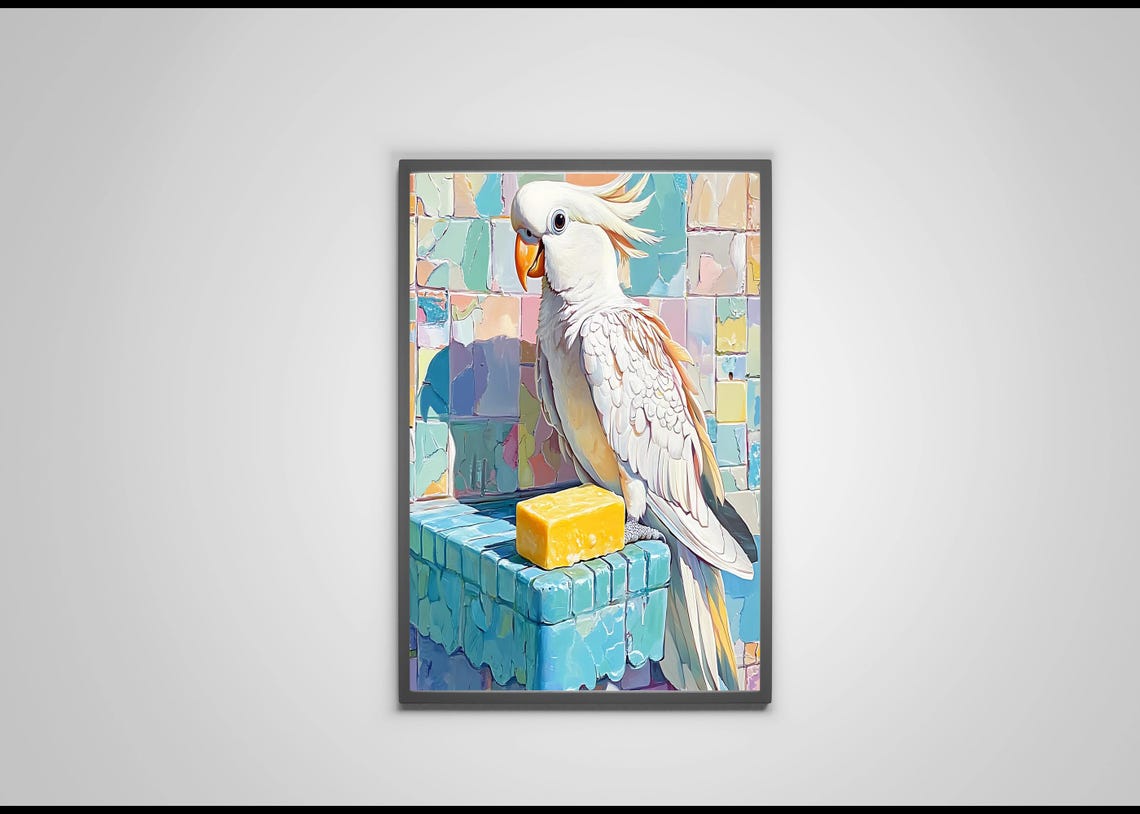 White Cockatoo Perched On Mosaic Tile Ledge With Yellow Soap Poster