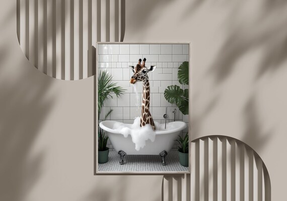 Giraffe Taking a Bubble Bath in a Clawfoot Tub Color Photography Poster