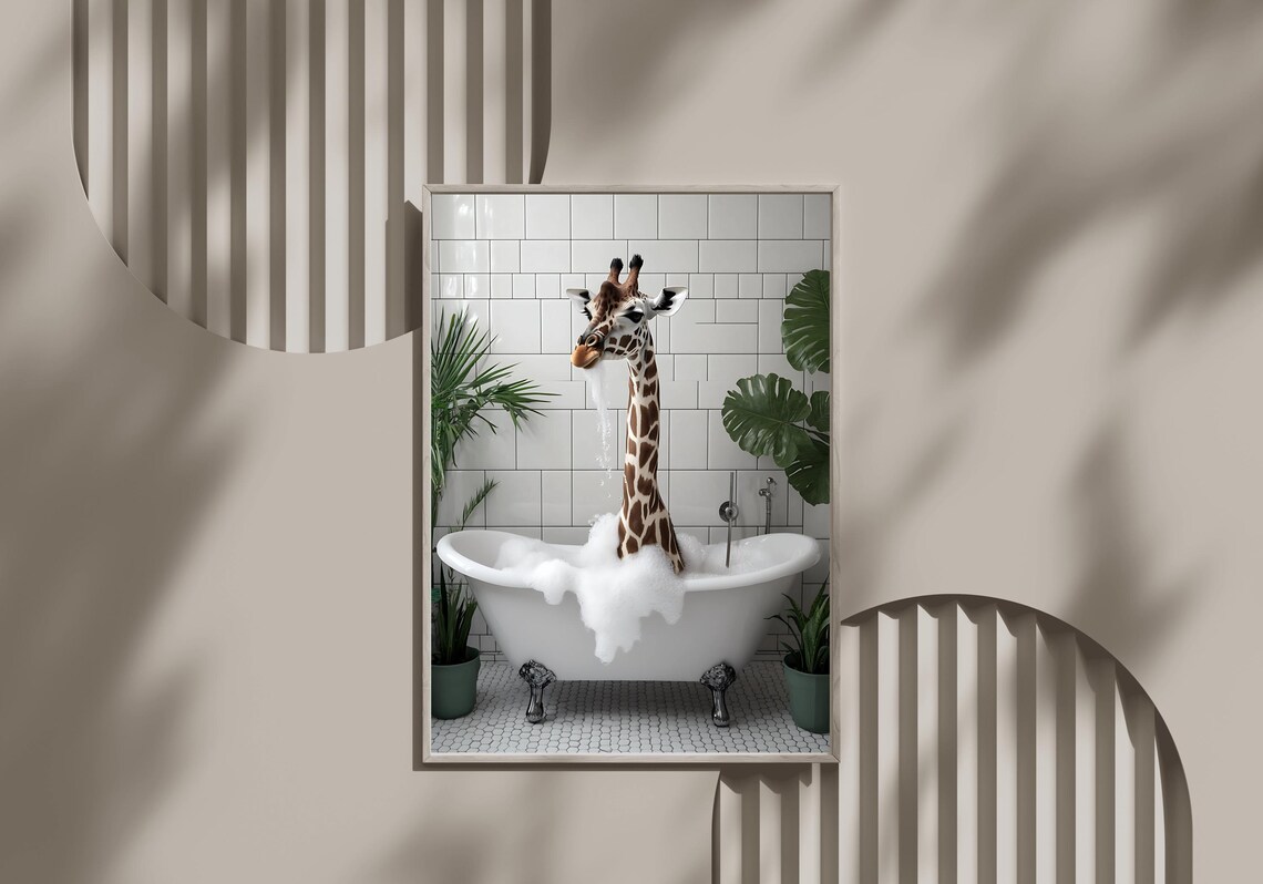 Giraffe Taking a Bubble Bath in a Clawfoot Tub Color Photography Poster