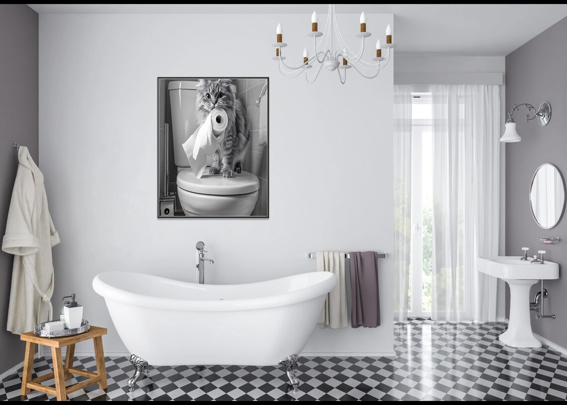 Tabby Cat Holding Toilet Paper Standing On Toilet Funny Poster - Image 3