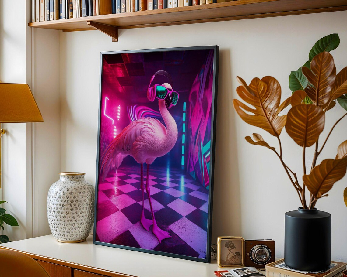 Flamingo with Headphones and Sunglasses Neon Nightclub Party Poster - Image 5
