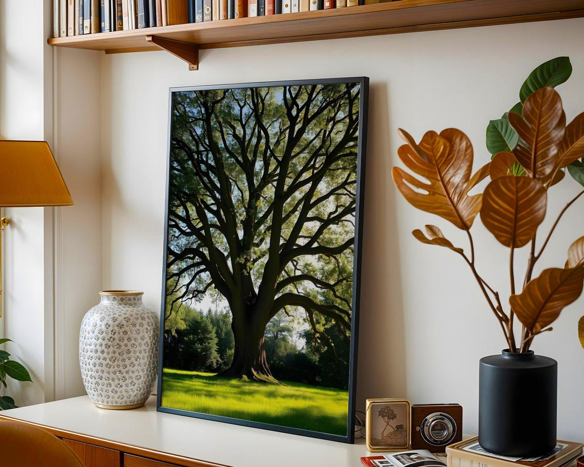 Majestic Spreading Tree Over a Green Meadow Landscape Poster - Image 3