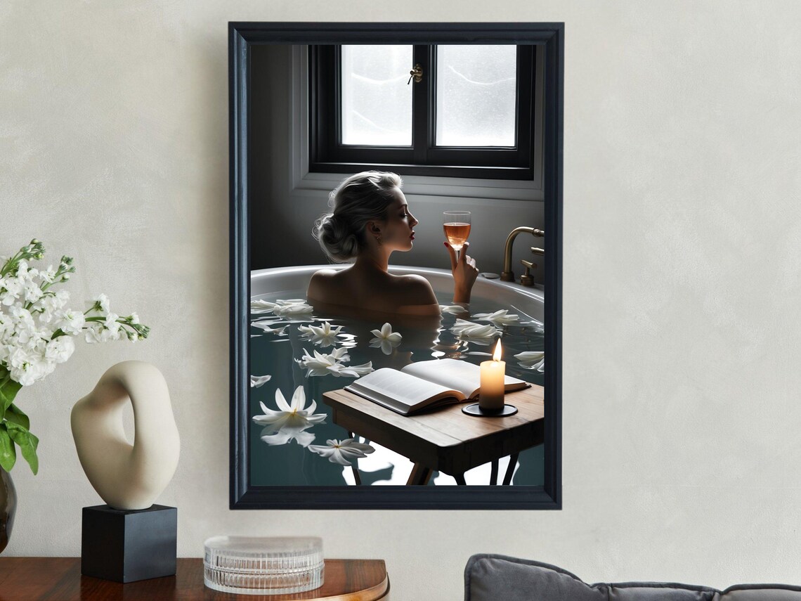 Woman in a Bathtub With Wine Floating Flowers and a Book Poster - Image 4