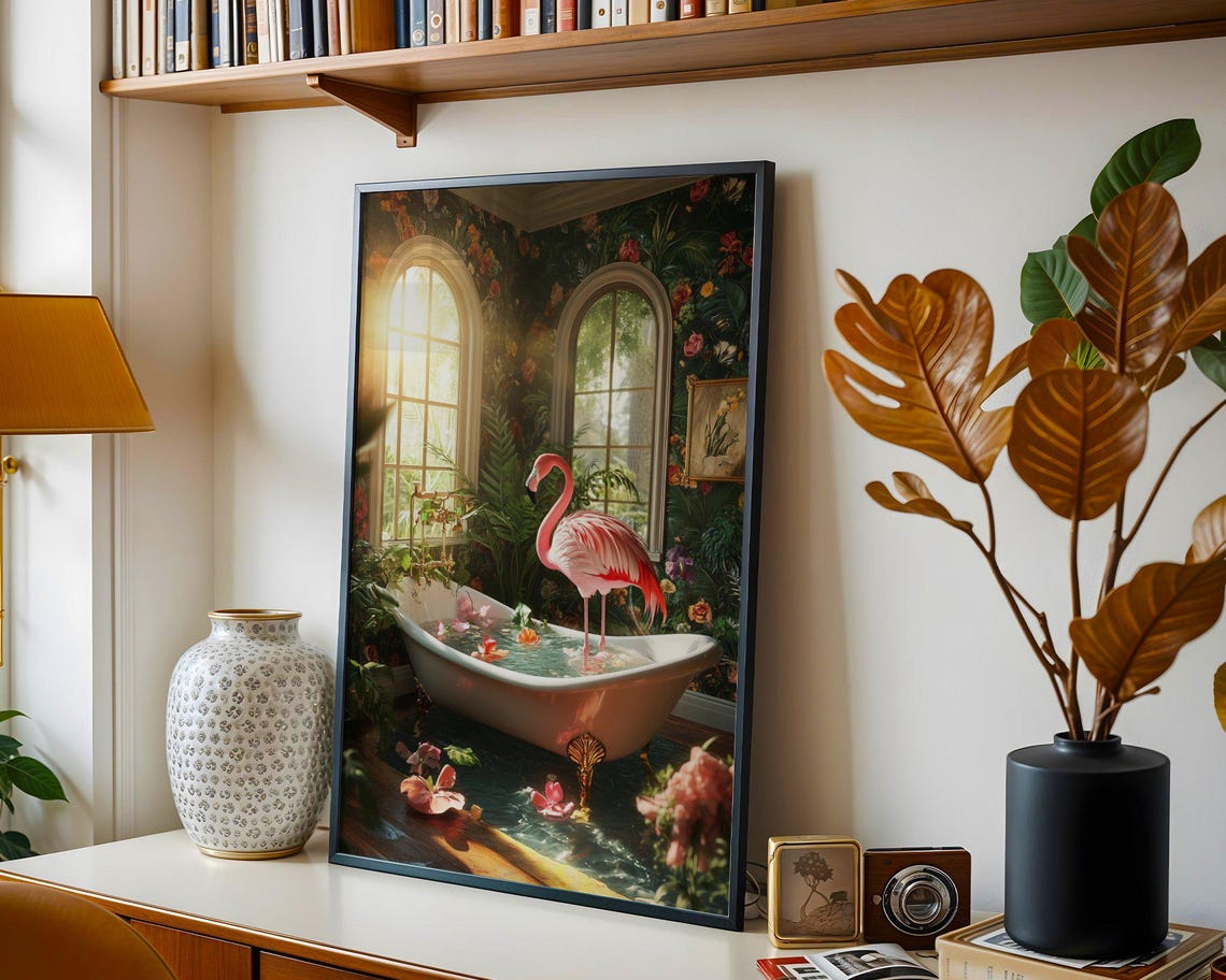 Flamingo Bathing in Tropical Flower Bathtub Botanical Art Poster - Image 4