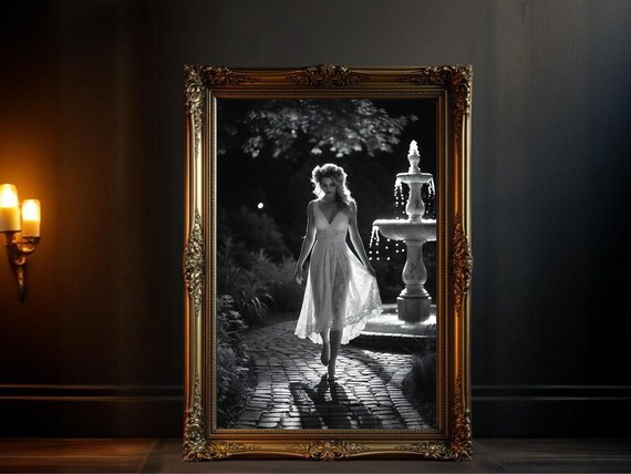 Barefoot Woman in White Dress by Moonlit Garden Fountain Poster