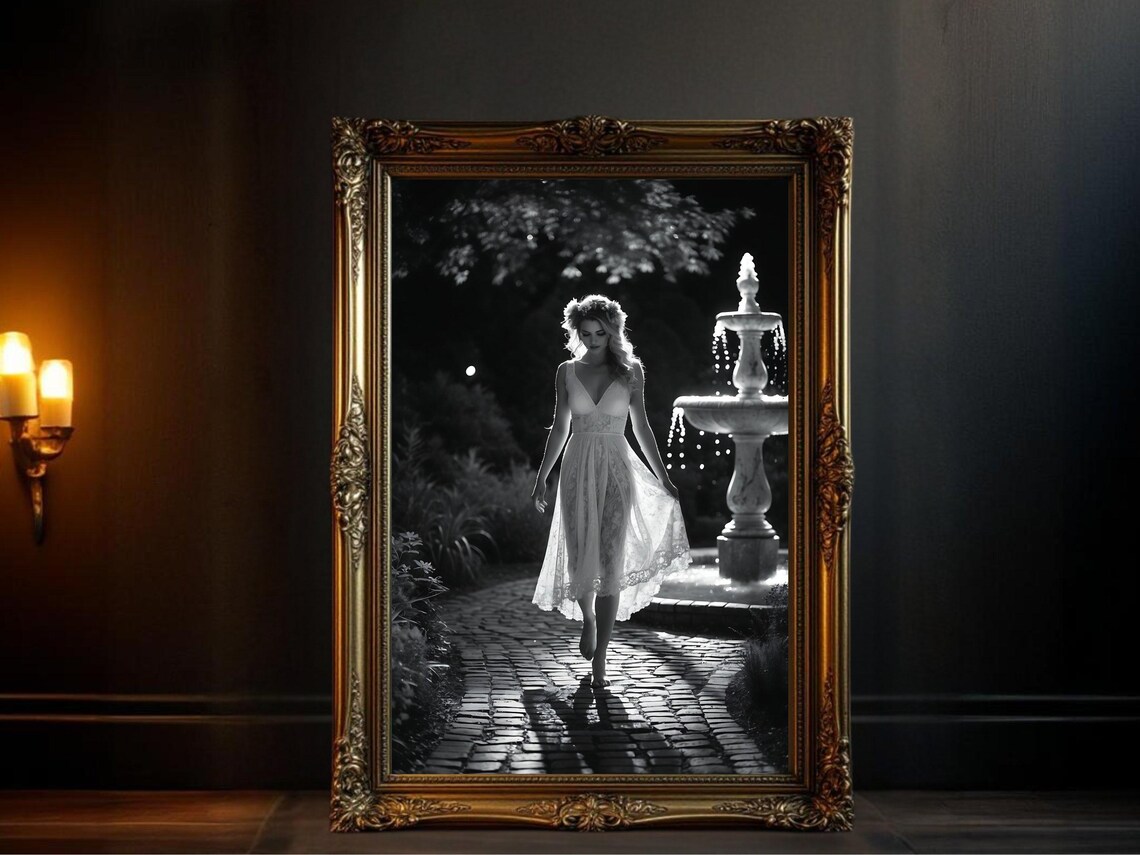 Barefoot Woman in White Dress by Moonlit Garden Fountain Poster