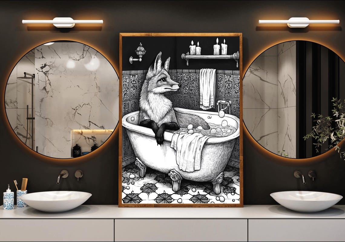 Fox Relaxing In A Clawfoot Bathtub Vintage Engraving Style Poster - Image 3