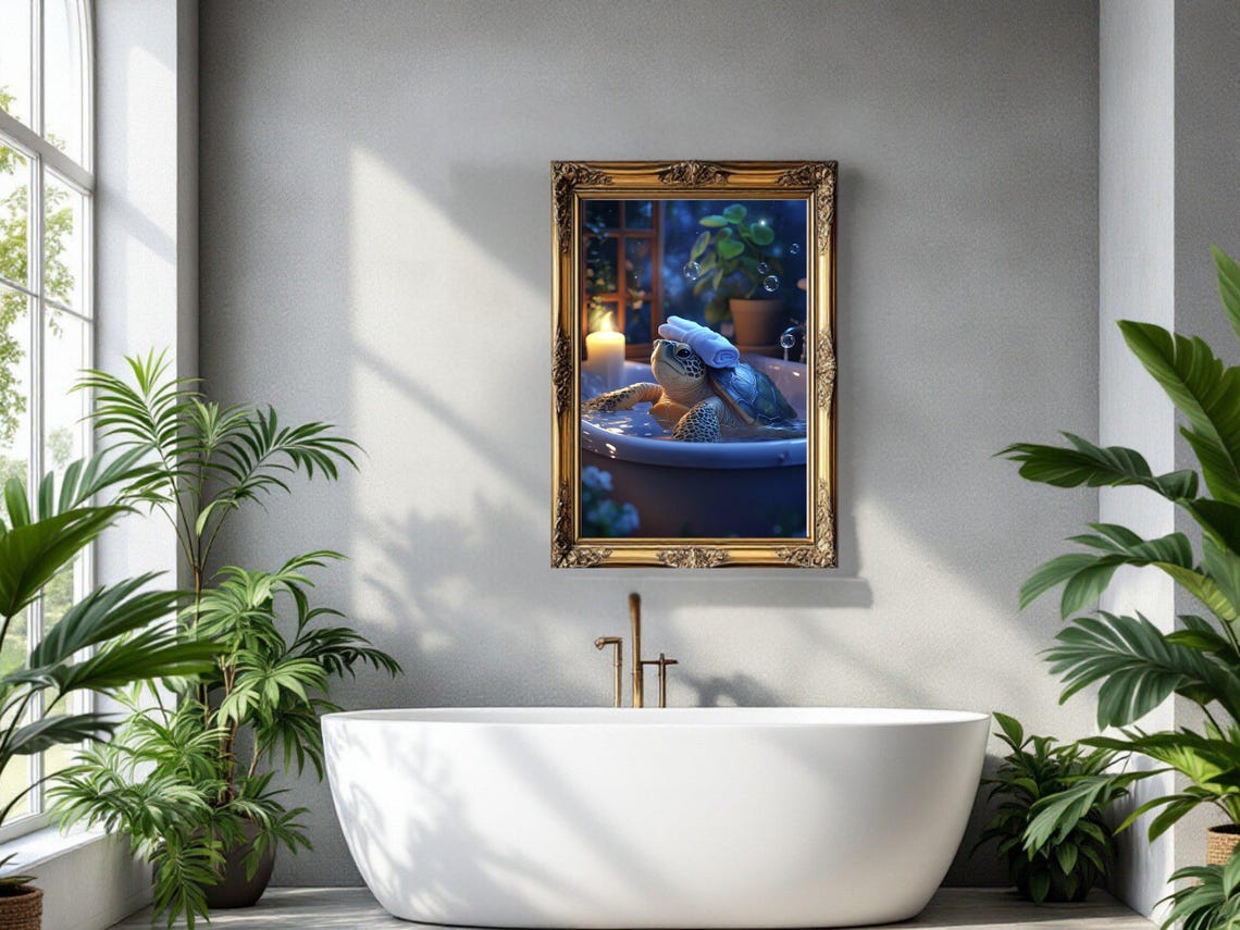 Sea Turtle Relaxing In Bathtub With Towel On Head Animal Poster - Image 3