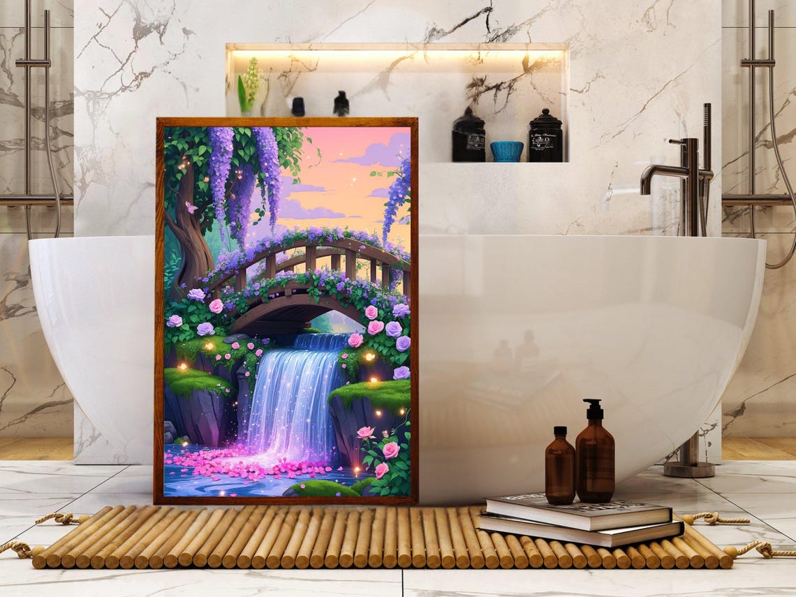 Fairytale Floral Bridge Waterfall Pink Roses Twilight Art Print - Image 5