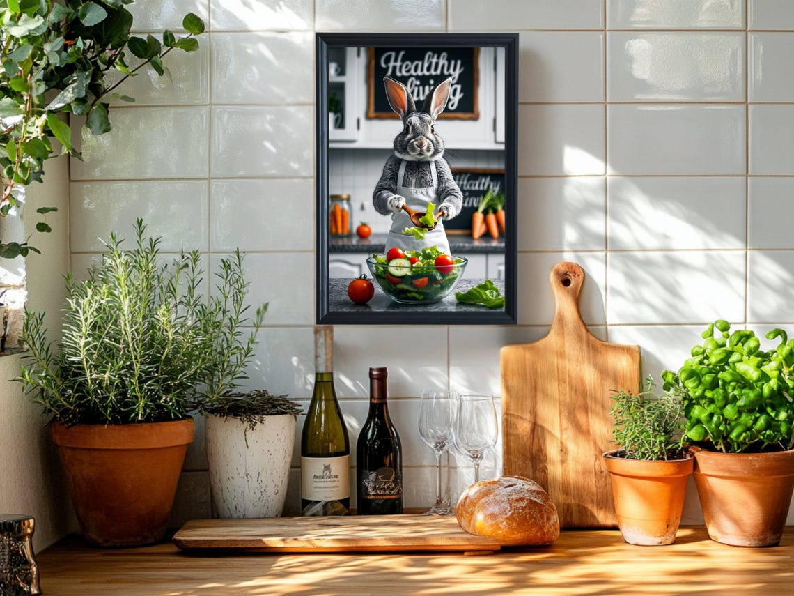 Rabbit Chef Tossing Fresh Salad Funny Animal Kitchen Wall Art - Image 2