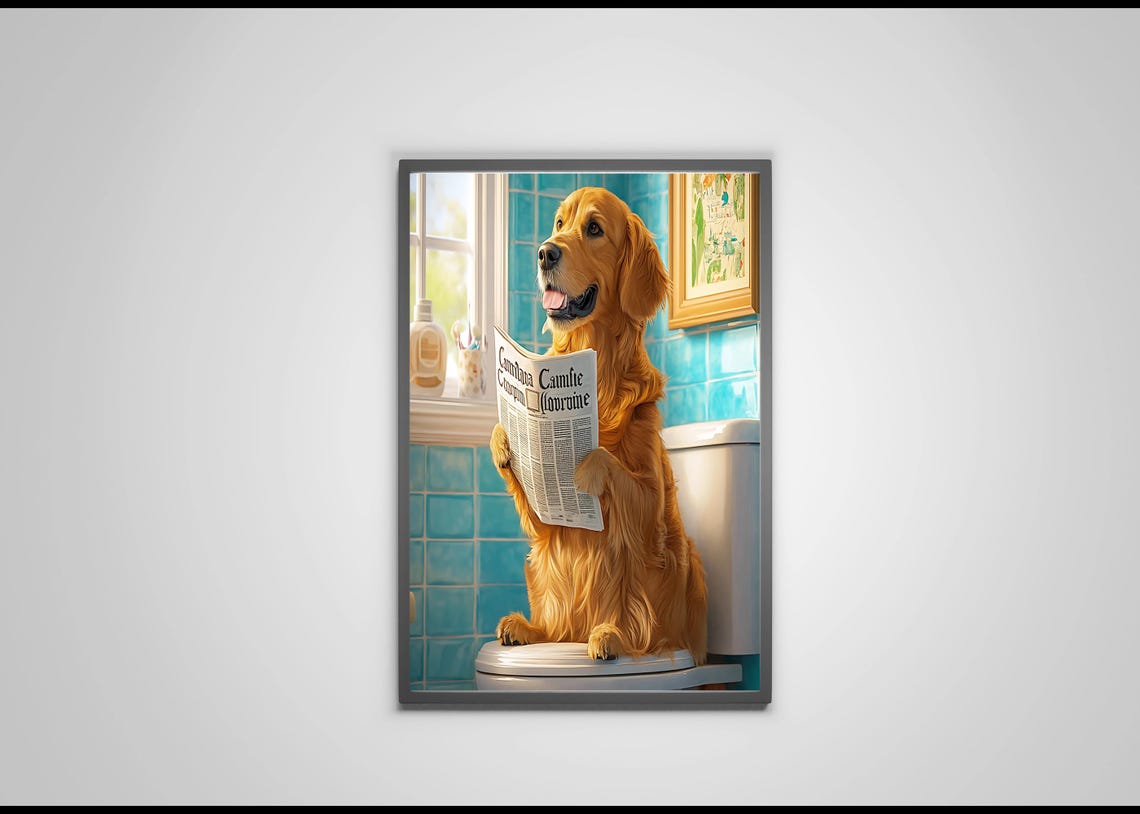 Golden Retriever Reading Newspaper On Toilet Turquoise Bathroom Poster