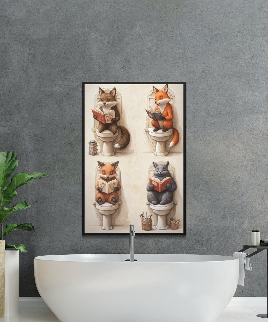 Four Foxes Sitting on Toilets and Reading Books Together Poster - Image 2