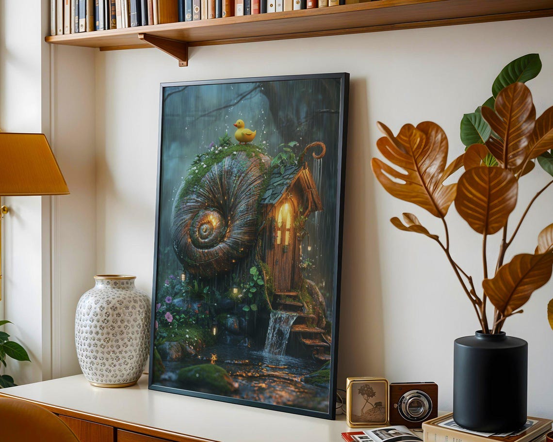 Enchanted Snail Shell Cottage in a Rainy Forest Fantasy Art Print - Image 4