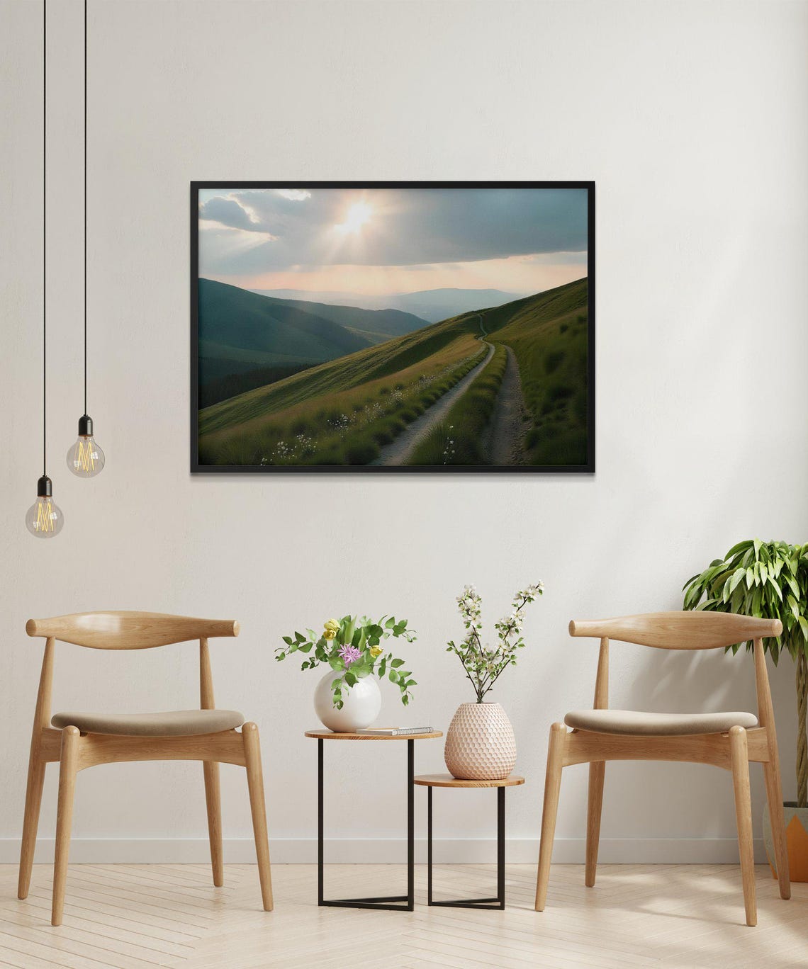 Winding Dirt Path Through Green Mountain Hills Under Sunbeams Poster - Image 2