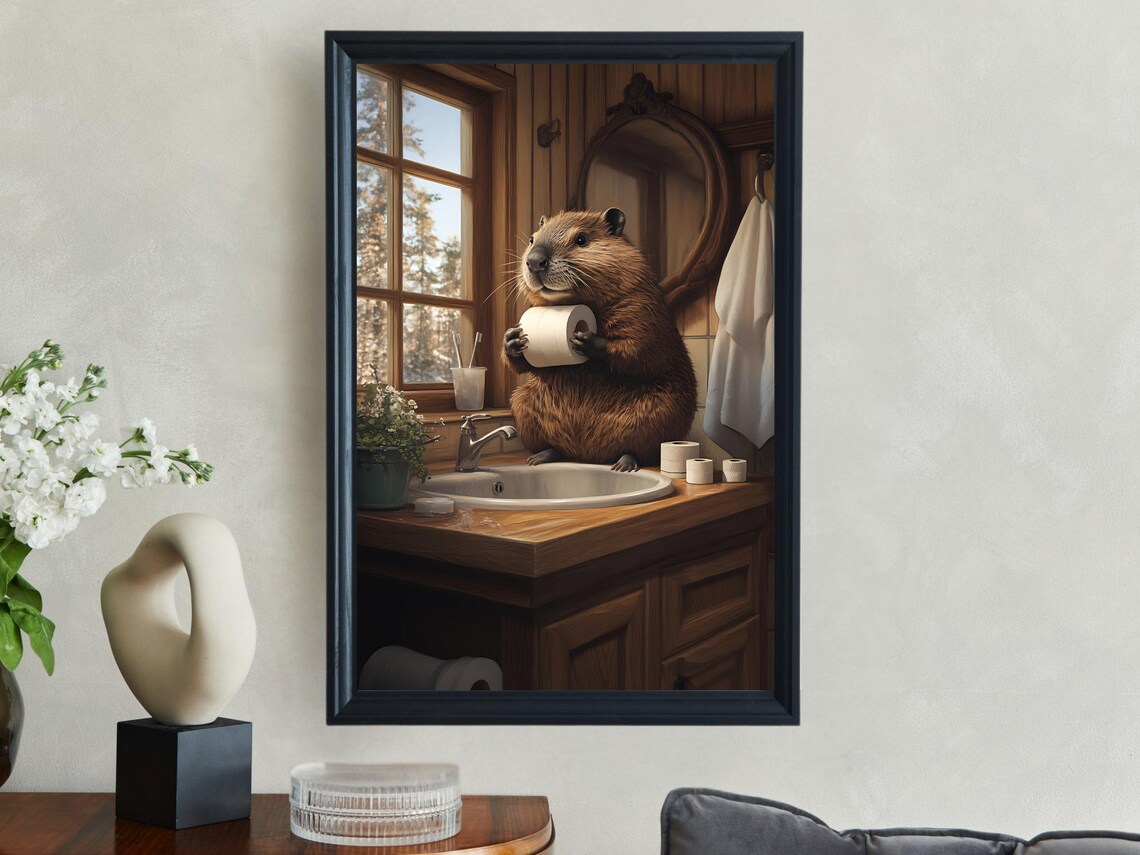 Cheerful Beaver Holding Toilet Paper Sitting on the Bathroom Sink Poster - Image 2