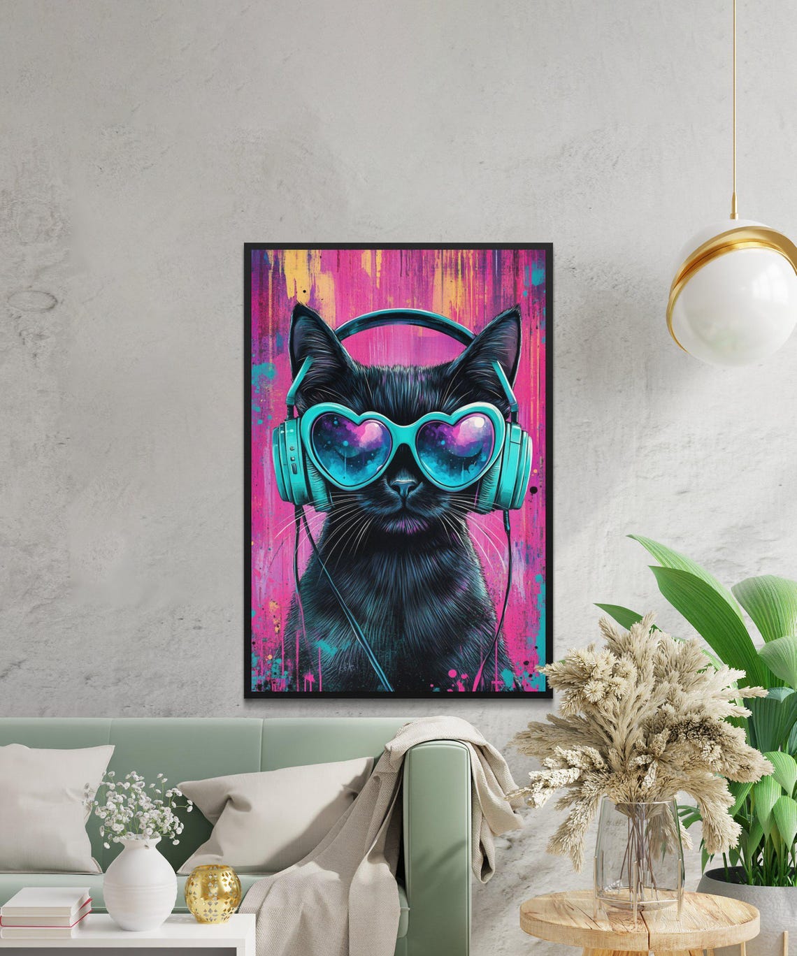 Black Cat with Headphones and Heart Sunglasses Neon Pop Art Poster - Image 2