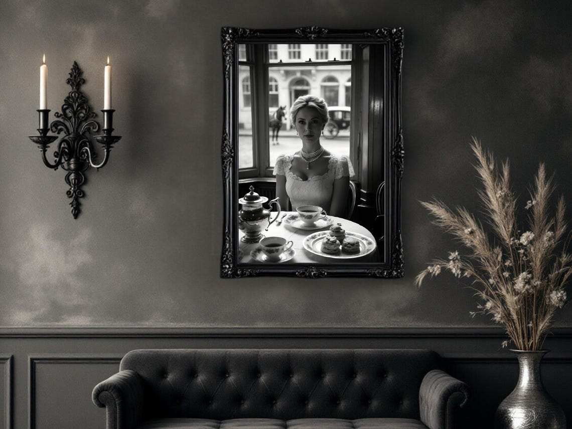 Elegant Woman Enjoying Afternoon Tea by Cafe Window, B&W Poster - Image 4