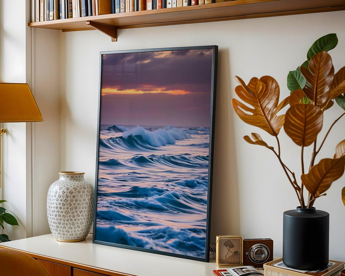 Purple Sunset over Rolling Ocean Waves Dramatic Seascape Poster - Image 3