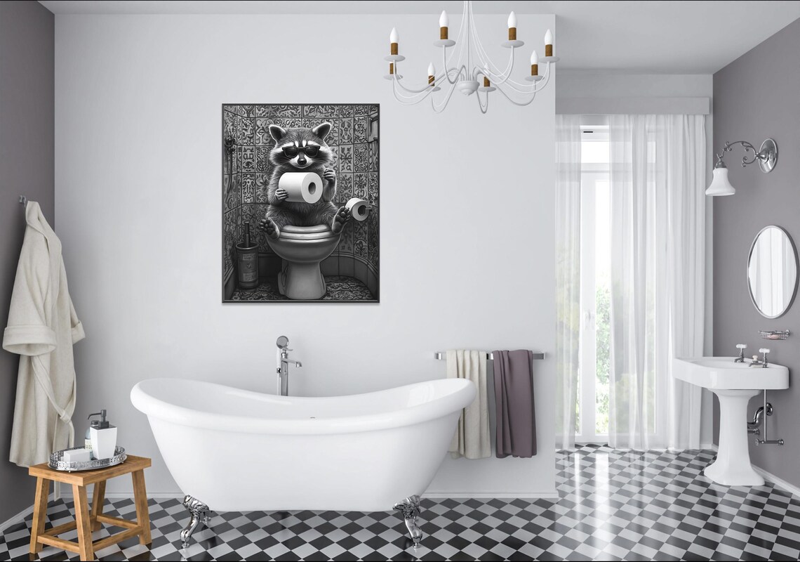 Raccoon Wearing Sunglasses On A Toilet Holding Toilet Paper Poster - Image 2