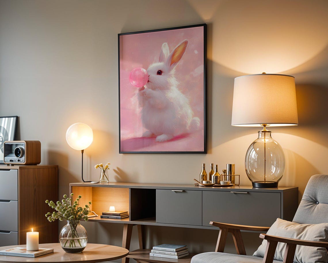 Fluffy White Bunny Blowing Pink Bubble Cute Nursery Art Poster - Image 3
