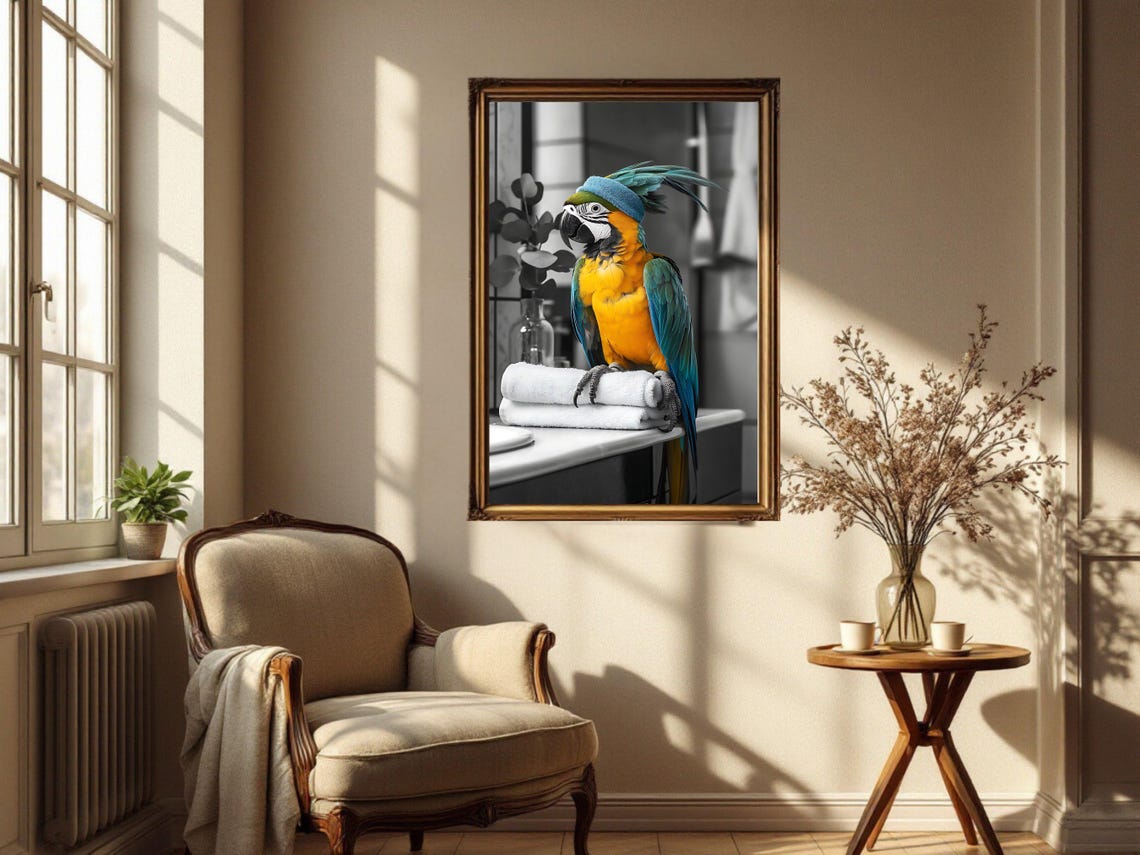 Colorful Macaw Parrot With a Towel Turban on Bathroom Towels Poster - Image 4