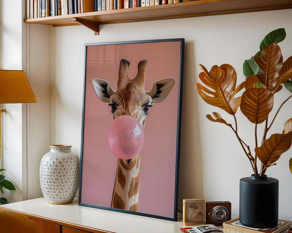 Giraffe Blowing Giant Pink Bubblegum Bubble Funny Safari Poster - Image 2