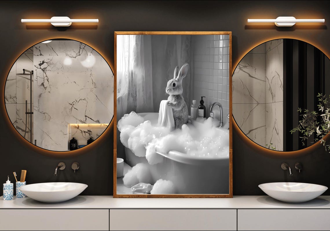 Bunny Sitting in a Bubble Bath Black and White Bathroom Decor Poster - Image 3