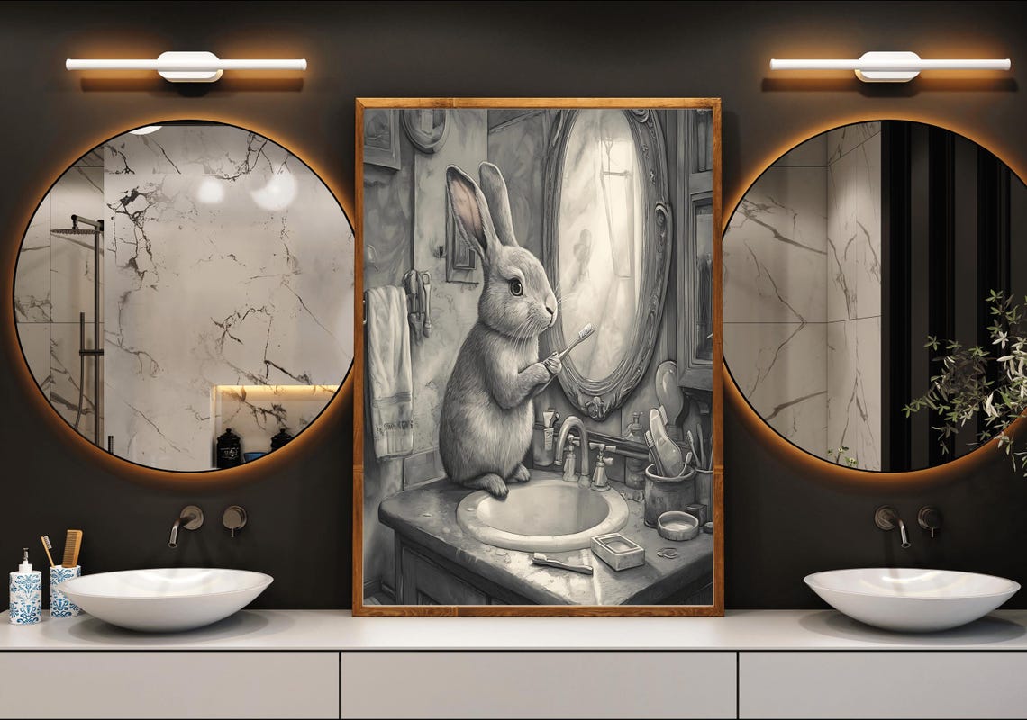 Rabbit Brushing Its Teeth at a Vintage Sink Monochrome Sketch Poster - Image 3