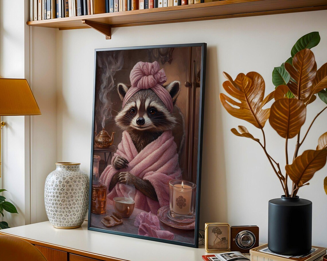Cozy Raccoon in a Pink Robe Enjoying Tea and Candles at a Spa Poster - Image 4