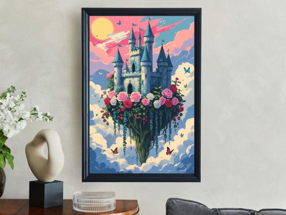 Romantic Castle In The Sky Wall Art Floating Castle With Roses Artwork Fantasy Castle Print Unique Wall Decor Dreamy Castle Painting