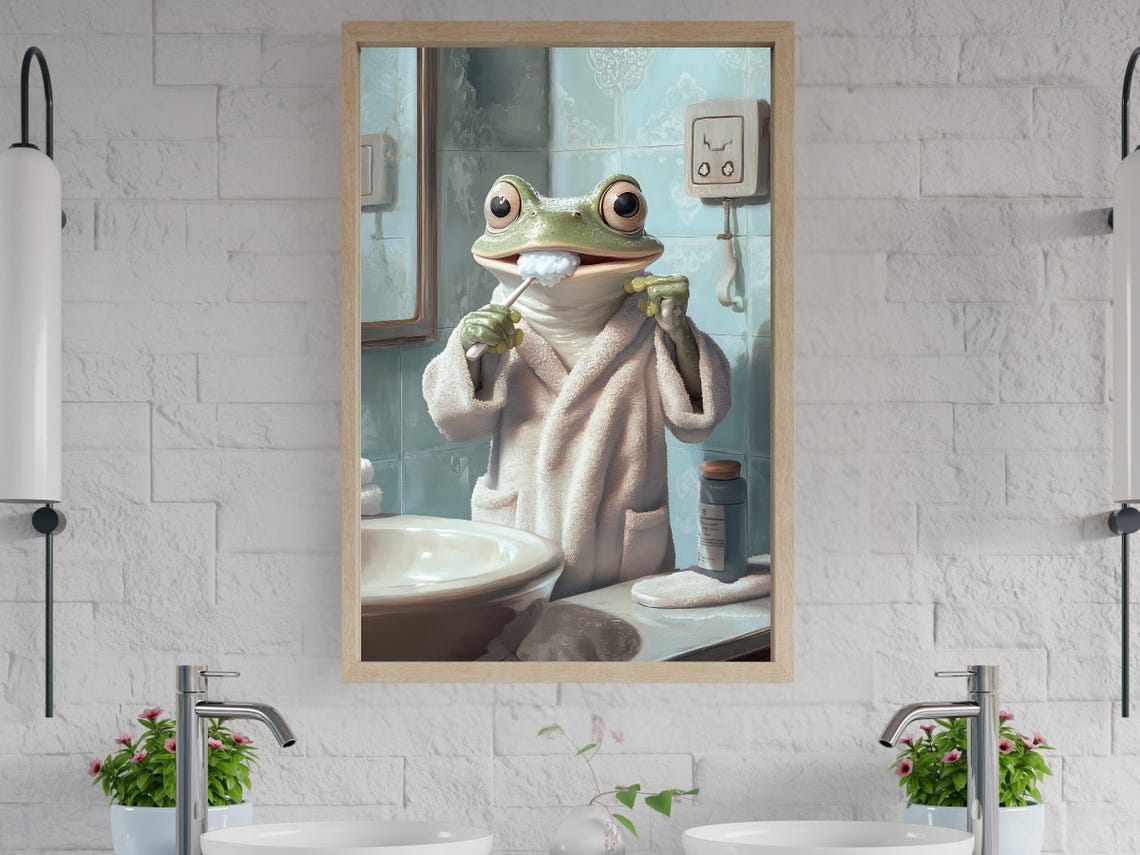 Charming Frog in Bathrobe Brushing His Teeth at the Sink Poster
