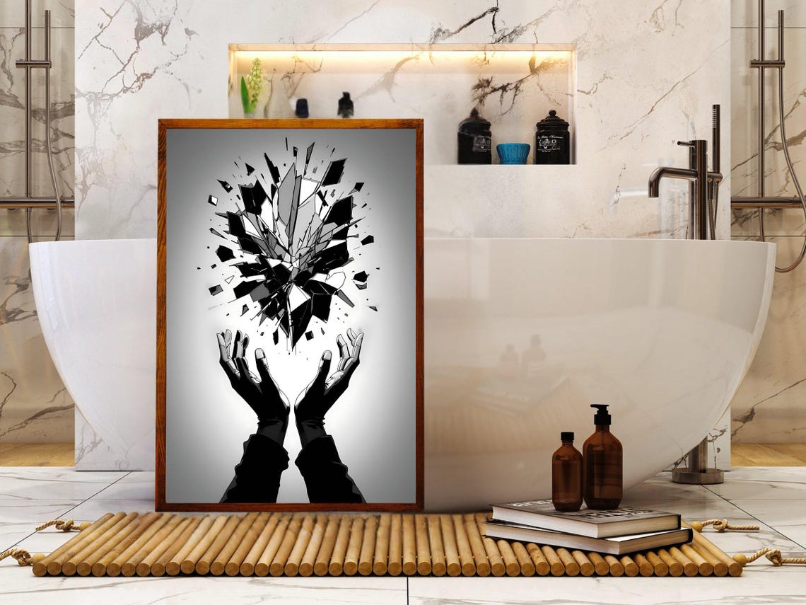 Abstract Geometric Wall Art Modern Black And White Print Minimalist Broken Glass Design Monochrome Artwork Home Decor - Image 4