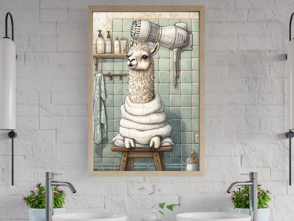 Alpaca Wrapped in a Towel Enjoying a Spa Day Bathroom Poster