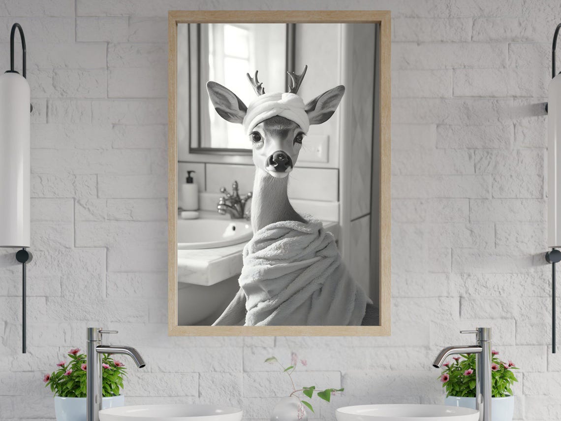 Adorable Deer Wrapped in a Towel Enjoying a Spa Day Bathroom Poster