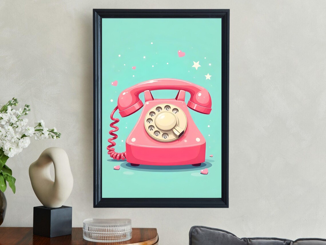 Pink Retro Rotary Phone Teal Background Cute Kawaii Decor Art Print
