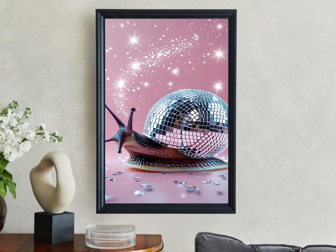Snail With Disco Ball Shell Sparkling Pink Quirky Animal Poster