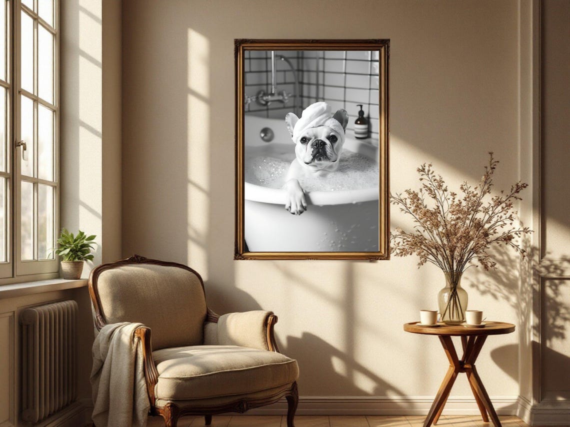 French Bulldog Enjoying a Bubble Bath With a Towel Turban Poster - Image 4