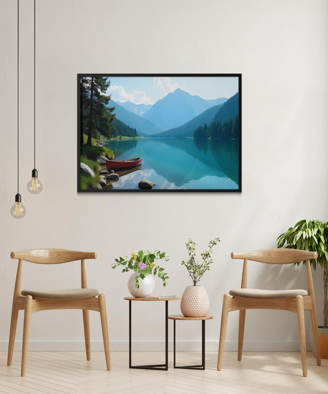 Tranquil Lake Scenic Wall Art Red Canoe Mountain Landscape Nature Photography Print Serene Outdoor Decor Adventurous Boat Artwork - Image 2