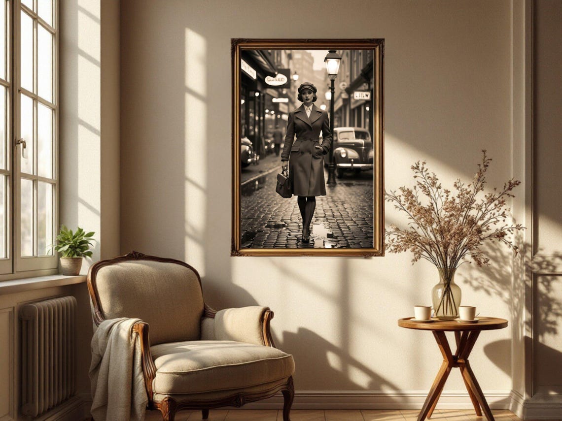 Vintage Street Scene Wall Art Timeless Fashion Decor Retro Lady Street Art Print Classic Urban Photography Elegant Wall Art - Image 2