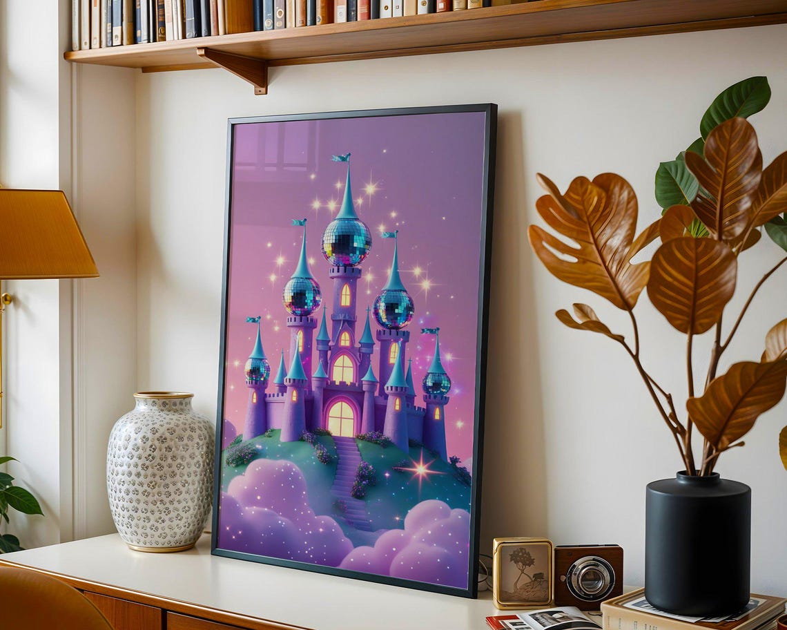 Fantasy Castle With Disco Ball Domes Purple Starry Sky Poster - Image 5