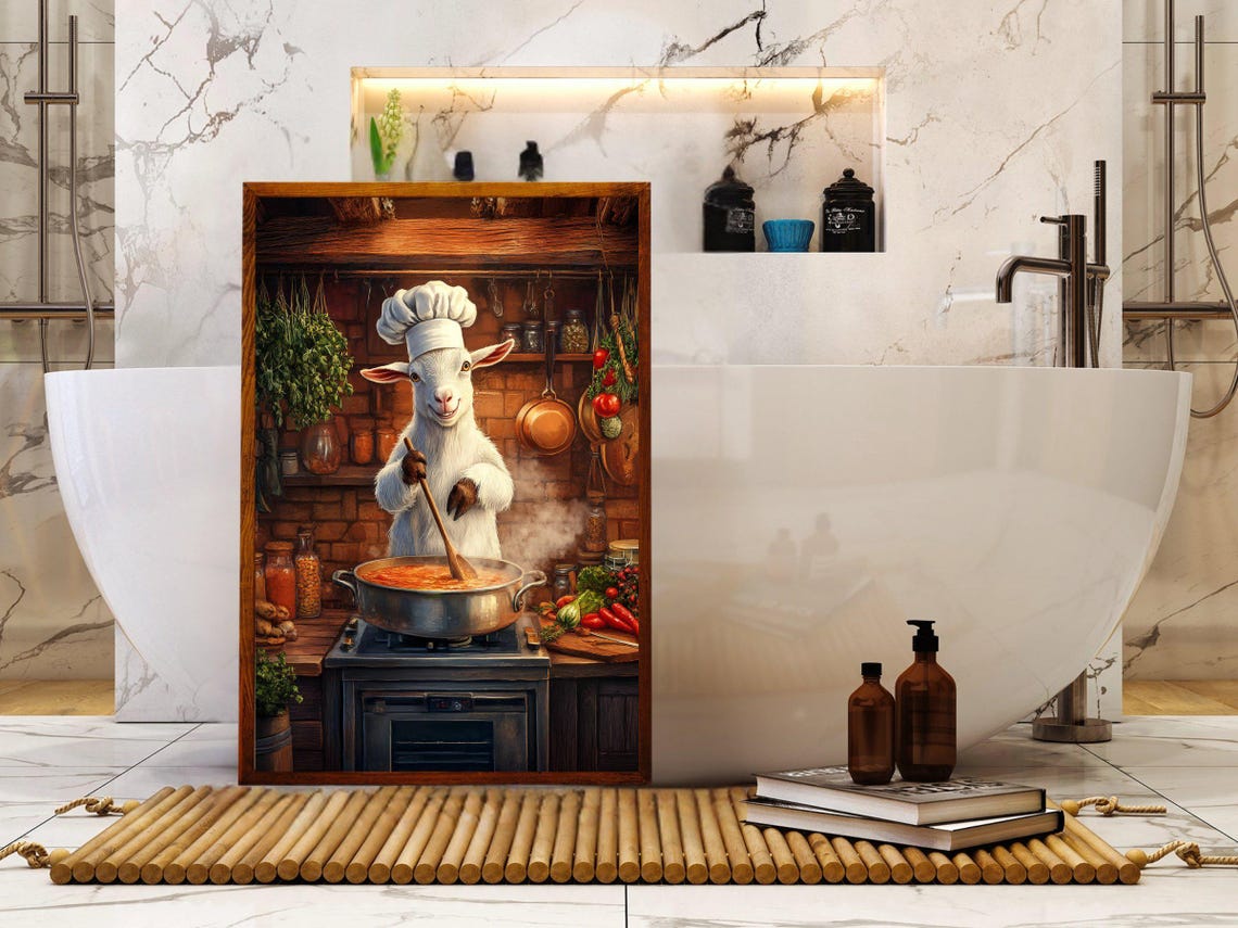 Goat Chef in a Toque Stirring a Steaming Pot Rustic Kitchen Poster - Image 5